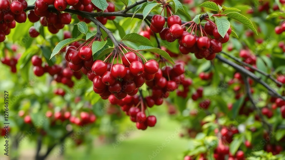 Dark red cherry branches in a lush green orchard, cherry tree, botanical, plant Dark red cherry branches in a lush green orchard, cherry tree, botanical, plant