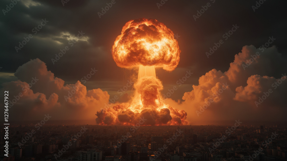Fototapeta premium dramatic explosion fills sky with fiery clouds over cityscape