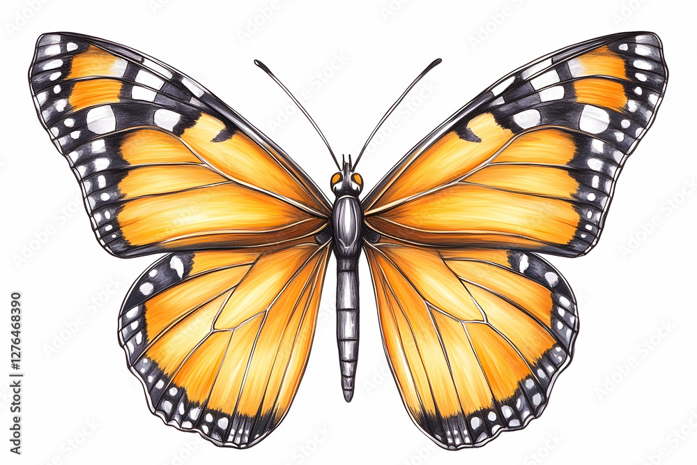 Fototapeta premium Orange butterfly illustration, wings spread, white background, nature art
