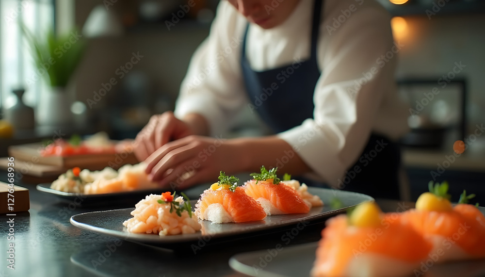 Focused Japanese Chef Finishing a Sashimi Dish, Vibrant Colors of Fish and Masterful Plating Focused Japanese Chef Finishing a Sashimi Dish, Vibrant Colors of Fish and Masterful Plating