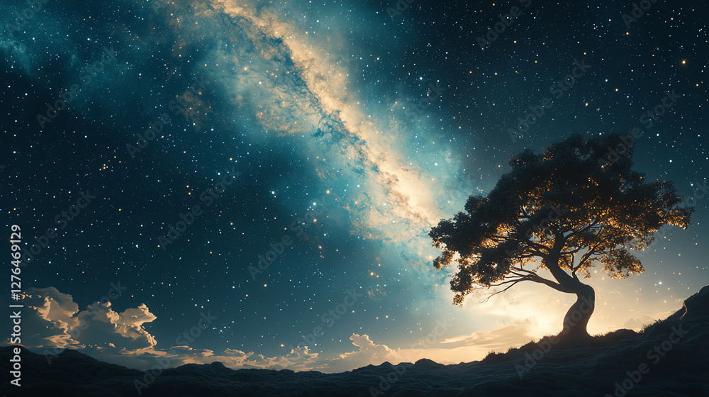 Naklejka premium Serene nightscape featuring a lone tree silhouetted against a starry sky and galactic background
