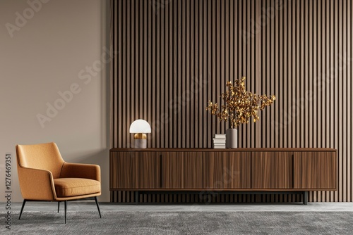 Modern living room interior with wooden wall paneling, stylish furniture, and decor photo