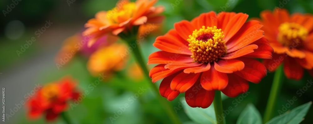 Brightly colored Zinnia flowers blooming in a garden, petals, flower Brightly colored Zinnia flowers blooming in a garden, petals, flower