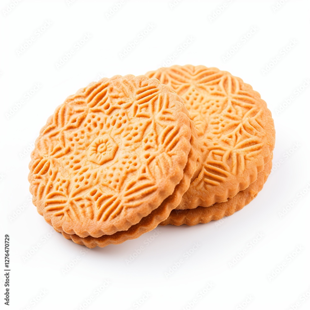 Obraz premium These two delectable round butter cookies are generously filled with a rich creamy filling, making them a perfect sweet treat. They are beautifully isolated on a clean white background.