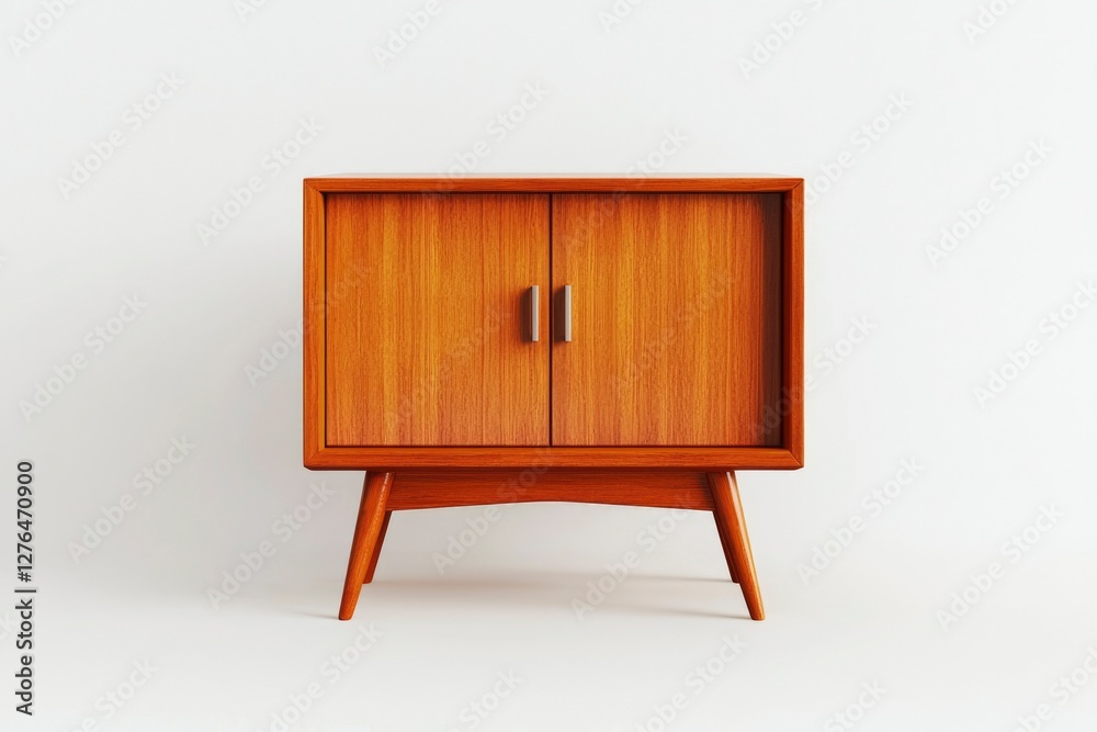 Mid-century modern wooden cabinet on angled legs against a white background Mid-century modern wooden cabinet on angled legs against a white background