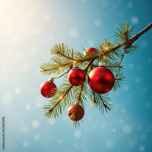 A pine branch sways in the breeze with festive lights and ornaments, sparkle, ornaments