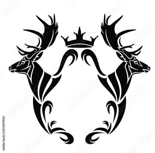 two antler deer stag heads and heraldic style copy space blank shield black and white vector frame design