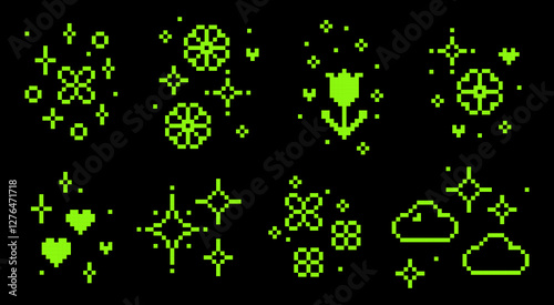 Y2k star sparkle green icons set. Glitter pixel art. Star. Heart. Flower. Mood of 90s. 8 bit retro style editable vector illustration. Simple geometric pattern. Game abstract elements on black