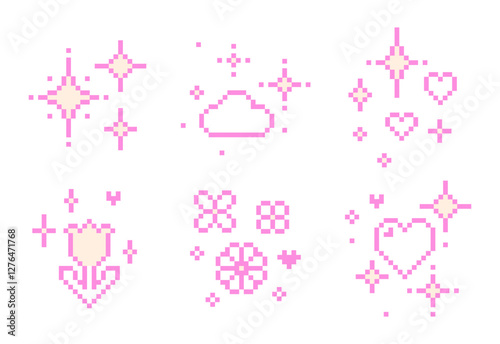 Whimsical y2k pixel icons. Cute editable vector decoration. Simple sparkling accent in pixel art. Shining stars emoji, flower, heart and sparkles. Game abstract elements. Vintage trendy pattern design