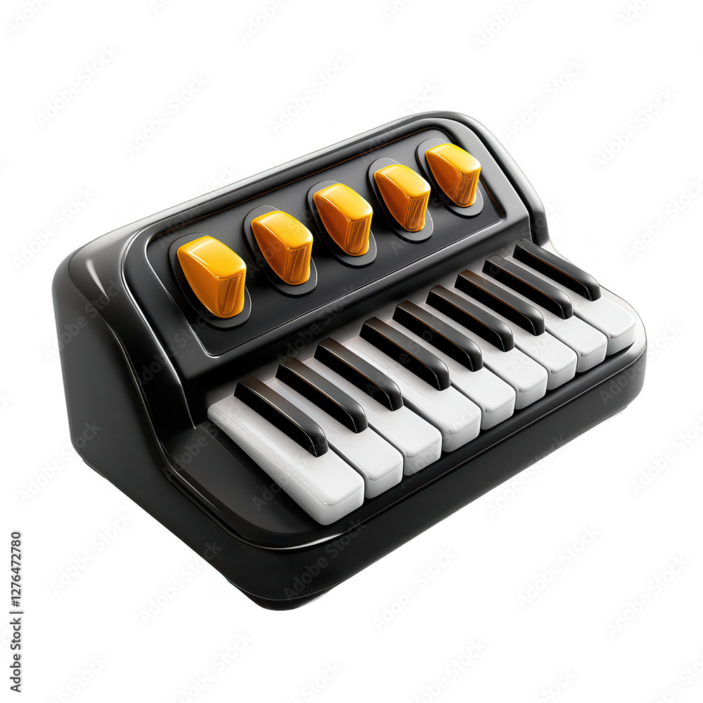 A toy mini keyboard with black and white keys and five yellow buttons. It has a sleek design, perfect for children's play. A toy mini keyboard with black and white keys and five yellow buttons. It has a sleek design, perfect for children's play.