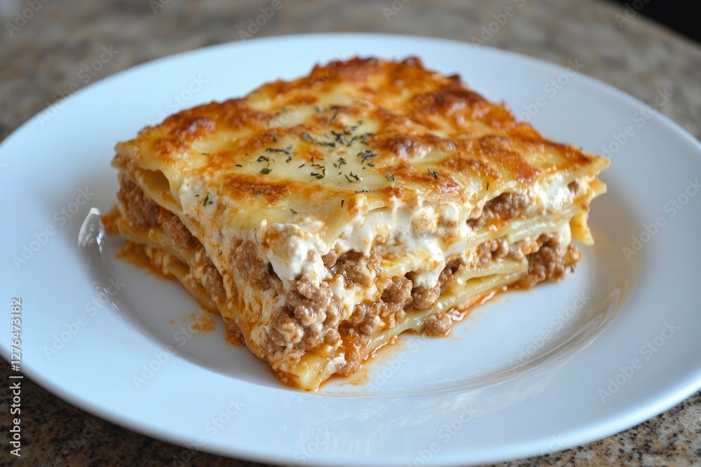 Slice of lasagna on white plate, kitchen counter background, food photography Slice of lasagna on white plate, kitchen counter background, food photography