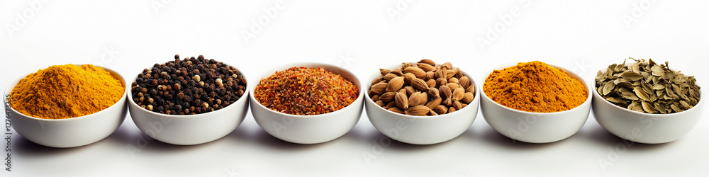 A collection of various spices in bowls, isolated on a white background A collection of various spices in bowls, isolated on a white background