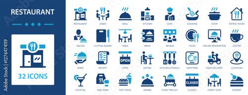 Restaurant icon set. Menu, eating, containing server, open, table, award, meal, restaurant business, coffee, delivery.
