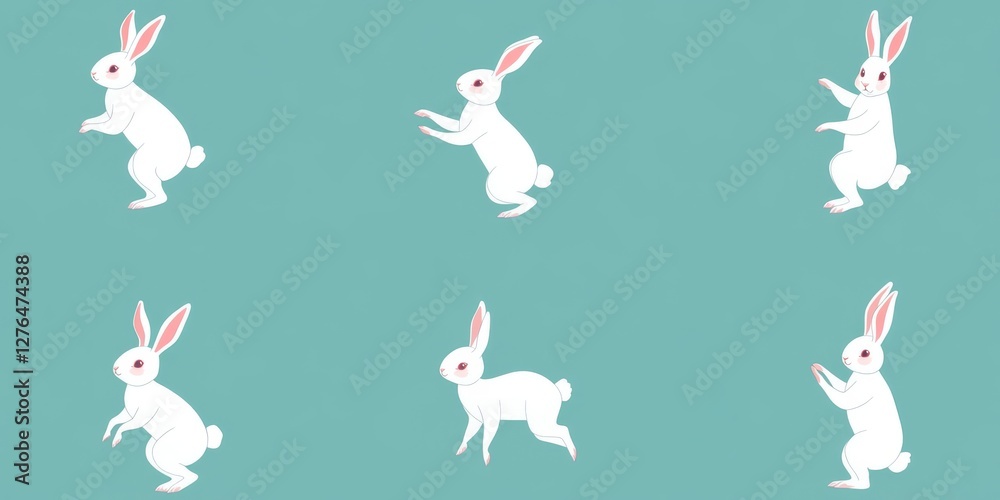 Fototapeta premium White rabbits jumping energetically against a bright blue background
