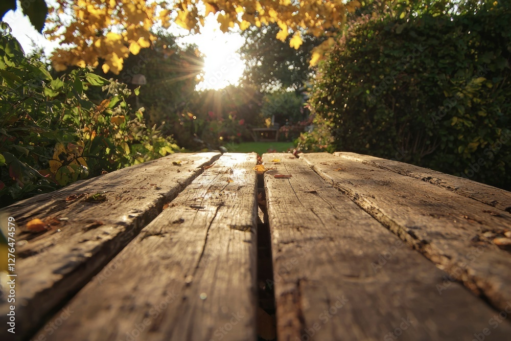 Wooden table in autumn garden, sun shining through trees Wooden table in autumn garden, sun shining through trees