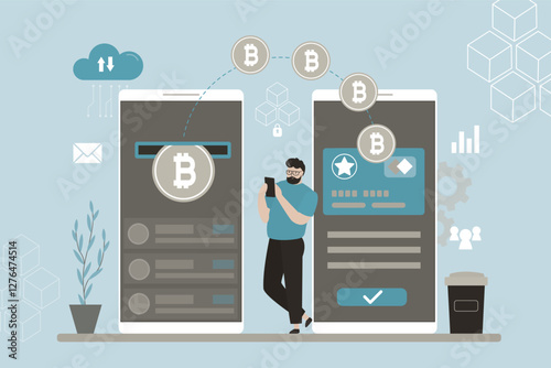 bitcoin cryptocurrency savings concept. Investor uses digital crypto account for transfer, payment or p2p, mobile app.