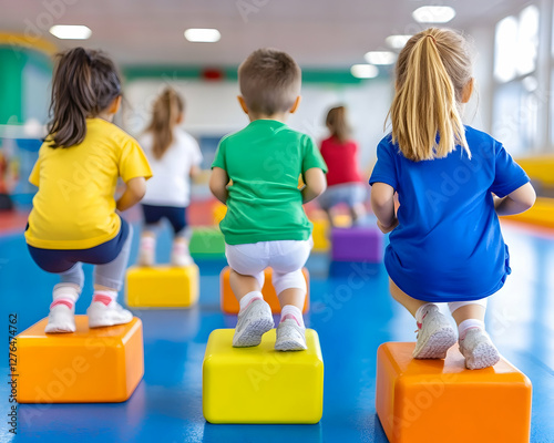 Preschoolers exercising on colorful blocks in gym