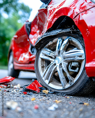 Red car crash damage roadside debris