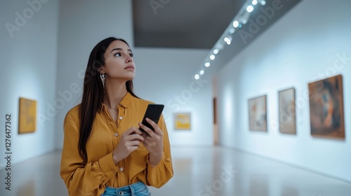 Social media rumors affecting a woman at a museum. Featuring anxiety and distraction photo