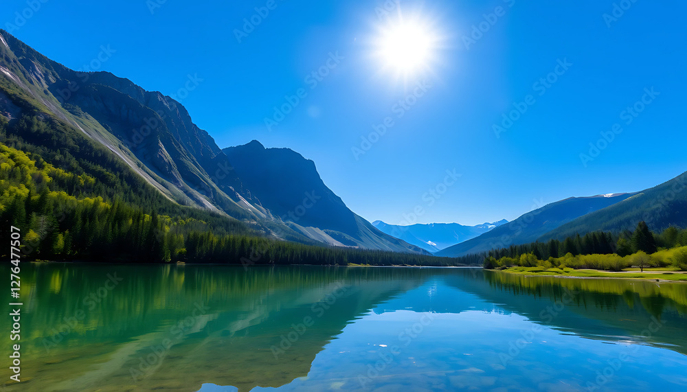 Fototapeta premium Scenic Lake and Mountain Landscape A Tranquil Nature Escape