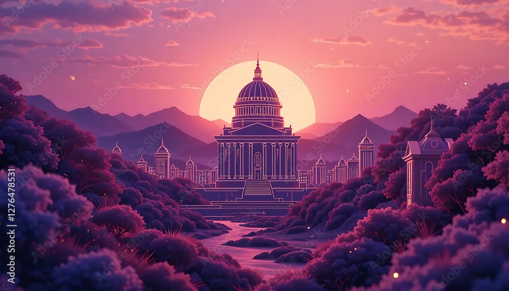 Fototapeta premium Serene Sunset Over Majestic Building Surrounded by Lush Mountains and Dreamy Landscape Illustration