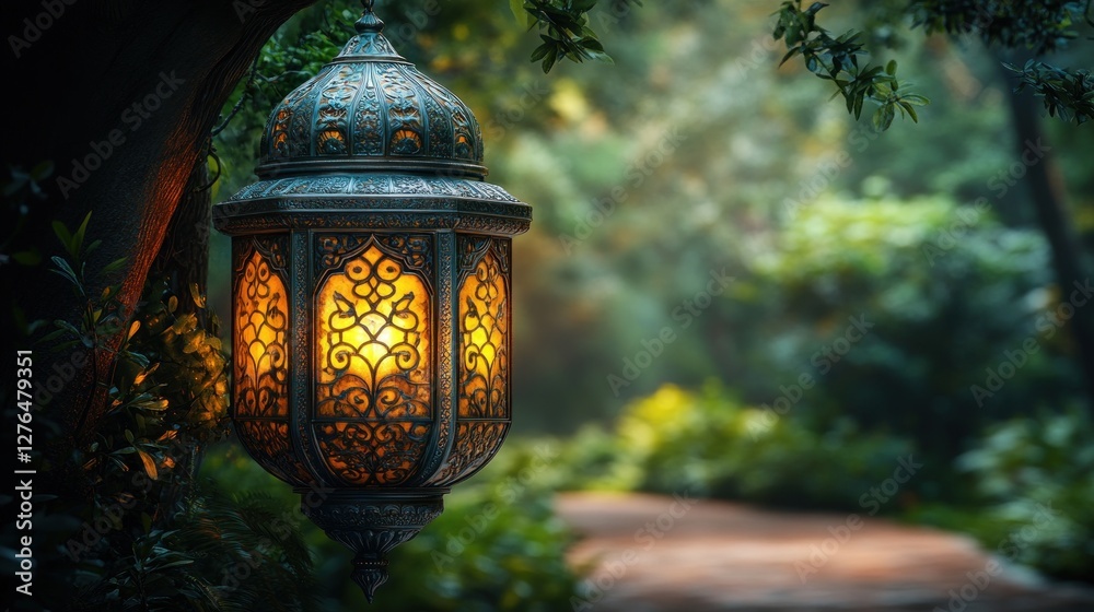 Ornate lantern hangs in a lush garden path Ornate lantern hangs in a lush garden path