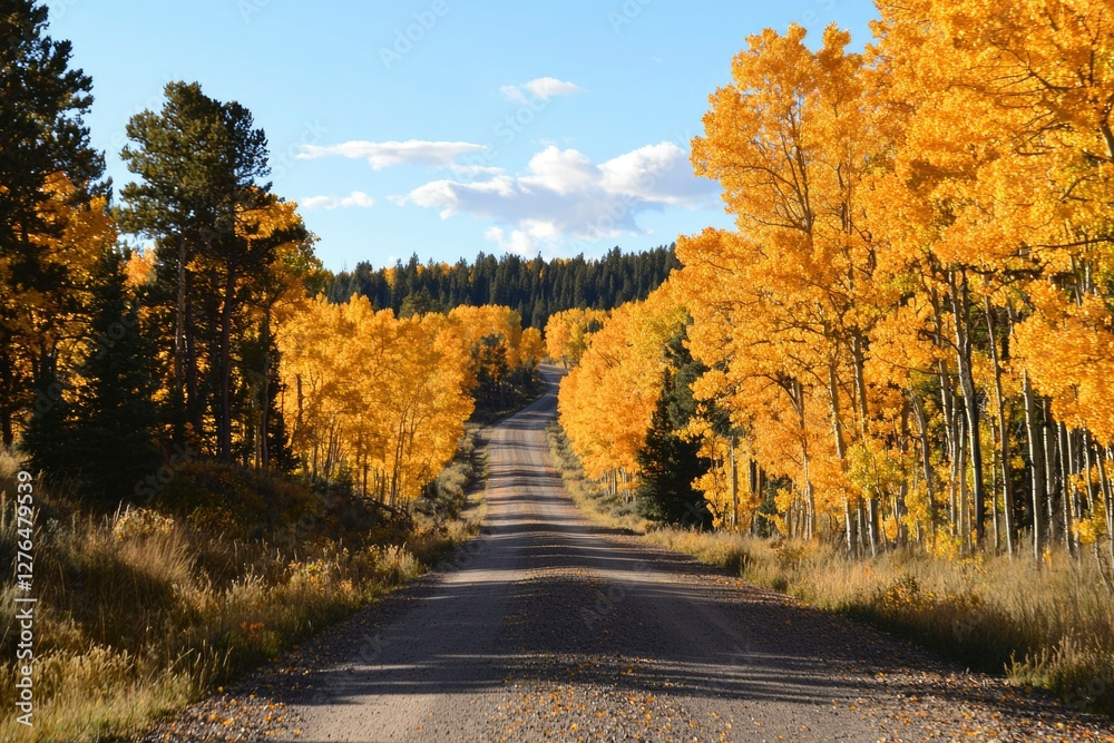 Autumn road through golden aspen trees in scenic landscape Autumn road through golden aspen trees in scenic landscape