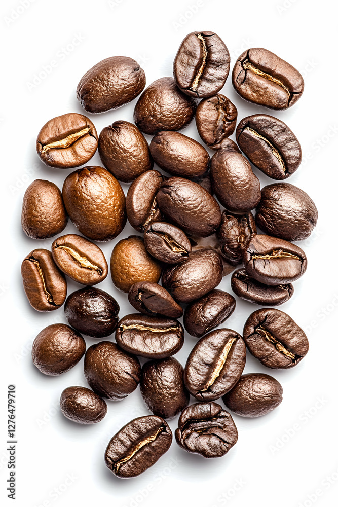 Roasted coffee beans on white background, ideal for food packaging Roasted coffee beans on white background, ideal for food packaging