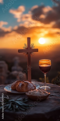 A wooden cross stands on a table at sunset, surrounded by bread, wine, and olive branches. The golden light enhances the peaceful, spiritual setting.