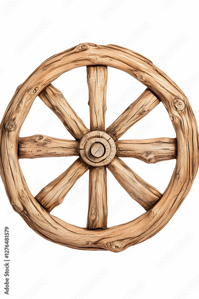 Rustic wooden wagon wheel wall decor, isolated white background, home decor Rustic wooden wagon wheel wall decor, isolated white background, home decor