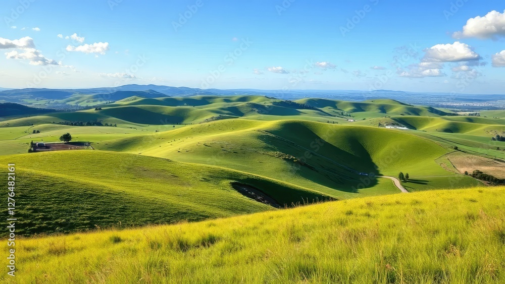 Rolling Hills and Green Pastures Under a Clear Blue Sky, serene, grasses, clouds Rolling Hills and Green Pastures Under a Clear Blue Sky, serene, grasses, clouds