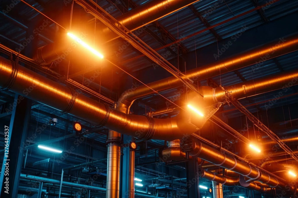 Fototapeta premium Industrial Pipes Illuminated in Dark Factory Interior