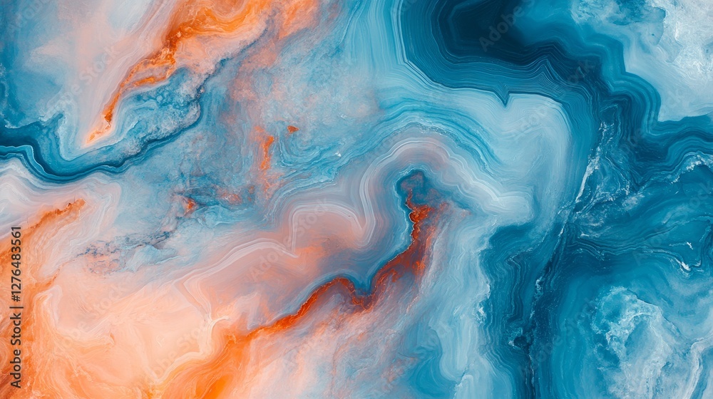 Fototapeta premium Abstract Marble Background. Blue, Orange Swirls Create A Unique, Eye-Catching Texture.