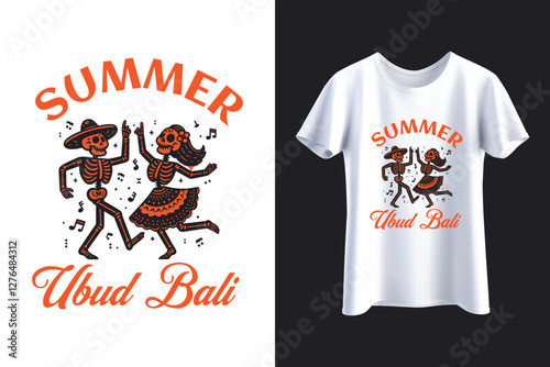 Summer Ubud Bali Dancing Skeletons T-Shirt Design Retro Holiday Festival Graphic
