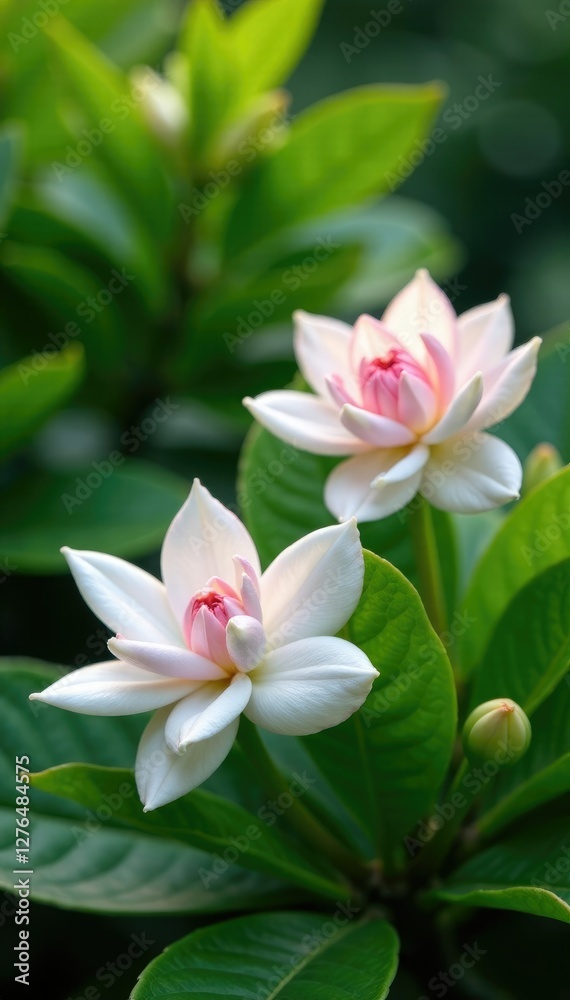 Fototapeta premium Pinkish-white gardenia gerdenia flowers in a lush green garden, plants, blooms