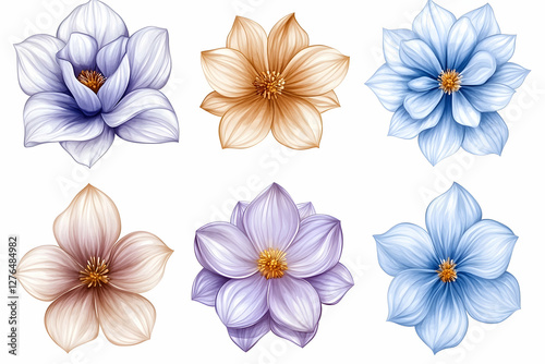Six pastel flowers, illustration, white background, design element