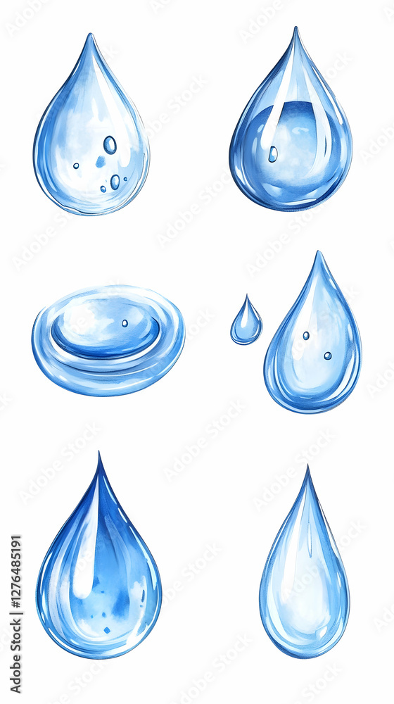 Six water droplets, various shapes, clear background, for website design Six water droplets, various shapes, clear background, for website design