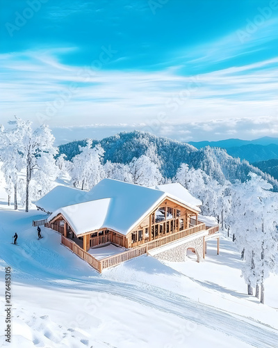 Ski lodge on snowy mountain, sunny day, winter sports