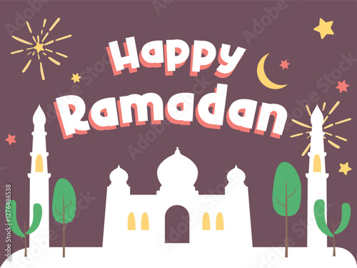 illustration of mosque with greeting happy ramadan