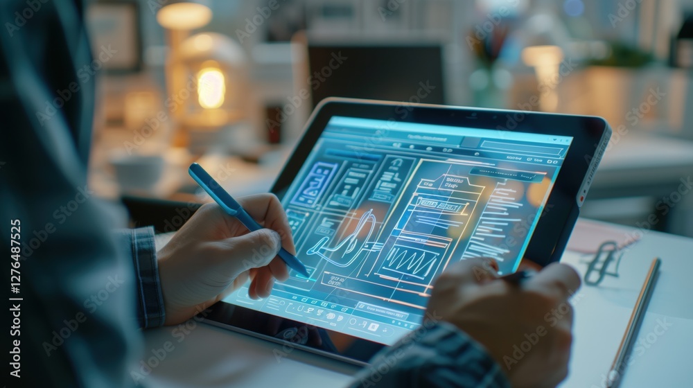 An UI designer sketching a wireframe on a digital tablet with a futuristic mobile technology interface in a creative studio during midday with soft ambient lighting, close-up shot An UI designer sketching a wireframe on a digital tablet with a futuristic mobile technology interface in a creative studio during midday with soft ambient lighting, close-up shot