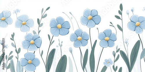 Wallpaper Mural Vibrant blue flowers and green leaves against a white background Torontodigital.ca