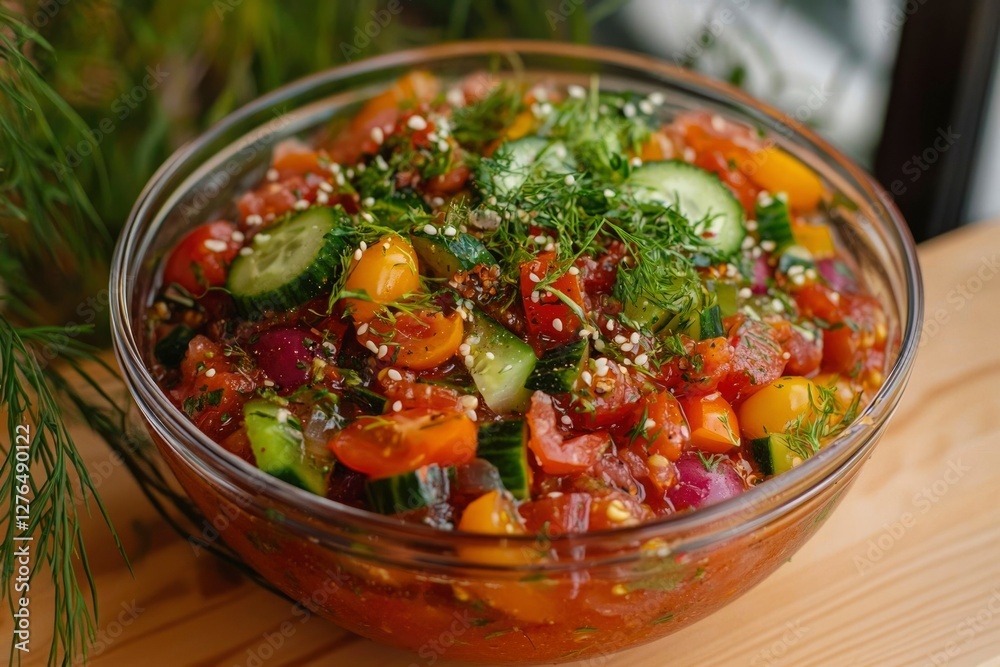 Fresh tomato cucumber salad in glass bowl on wooden table Fresh tomato cucumber salad in glass bowl on wooden table