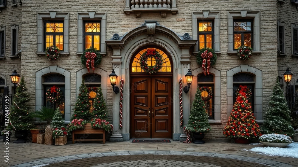 Fototapeta premium Elegant stone mansion with festively decorated doors, holiday, Christmas