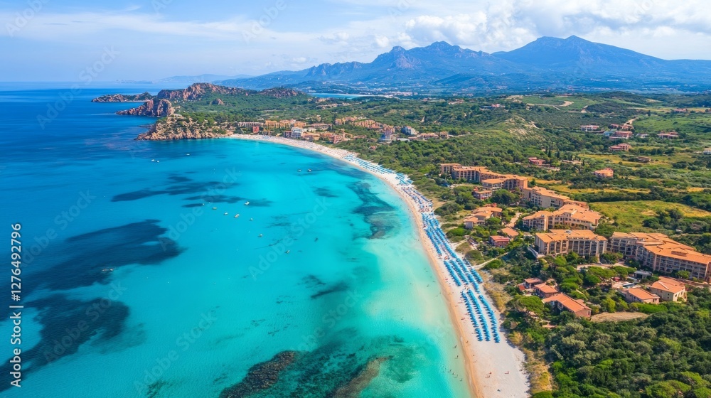 Fototapeta premium Aerial View Of Sardinia'S Stunning Beach. Crystal Clear Turquoise Water And Lush Landscapes Create A Paradise For Vacations.