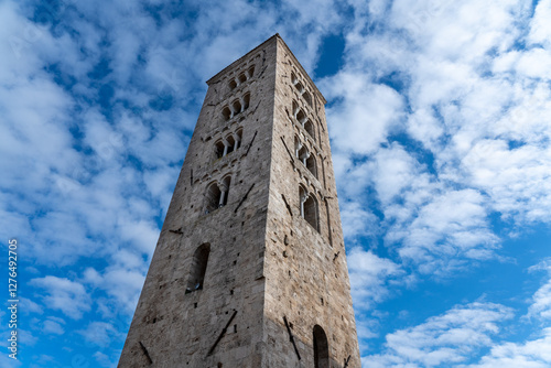 the Romanesque bell tower of Anagni Cathedral with beautiful mullioned and three-light windows.For safety reasons it was built near the church but separate from it. photo