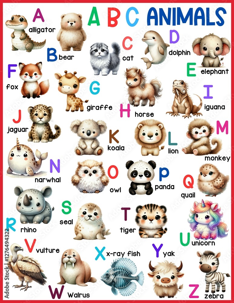 Obraz premium Cute Animal Alphabet Illustration for Kids Learning Educational ABC Chart with Adorable Animals for Preschool and Kindergarten Cute Animal Alphabet for Early Childhood Education