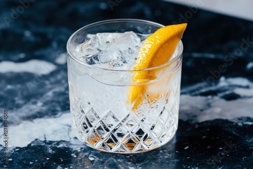 Iced cocktail with lemon on marble bar top