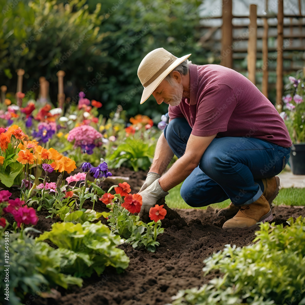 Fototapeta premium senior man planting flowers and trees