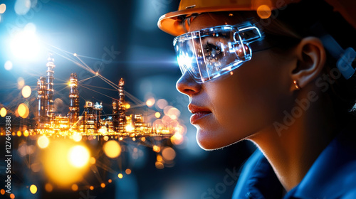 Innovative woman engineer with safety glasses and hard hat, industrial background