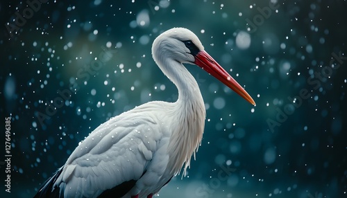 Stork stands majestically as it lightly snows around its form